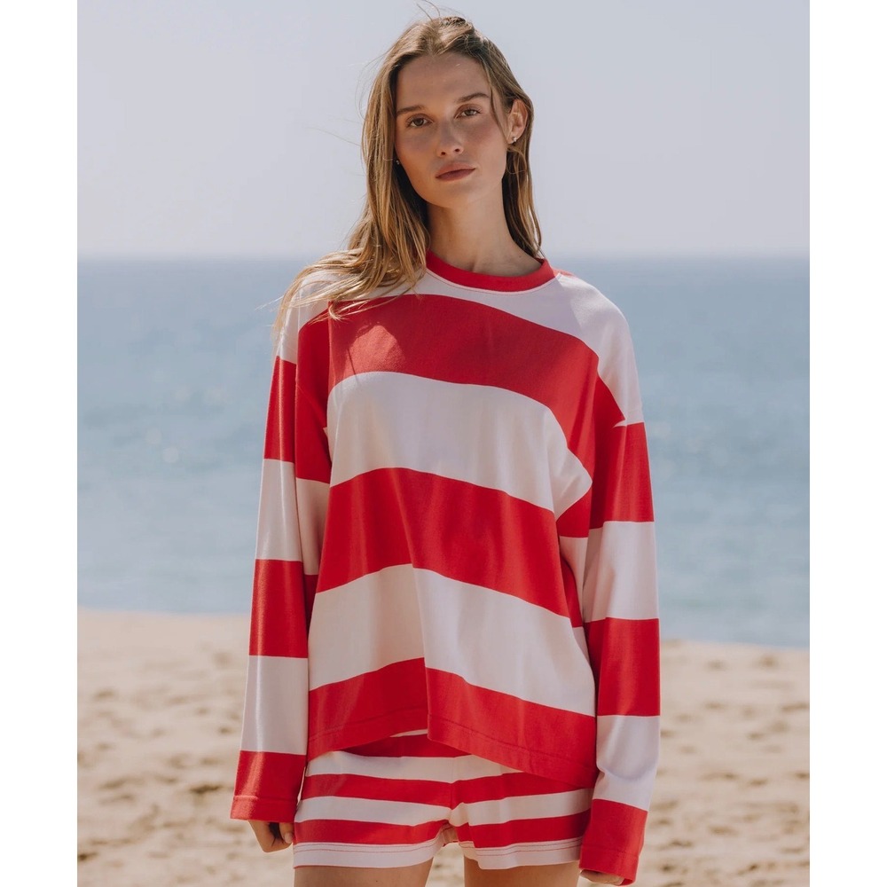 Daily Drills Oversized Long Sleeve XS/S Pink Red Striped Heart Crew Neck Top NEW
